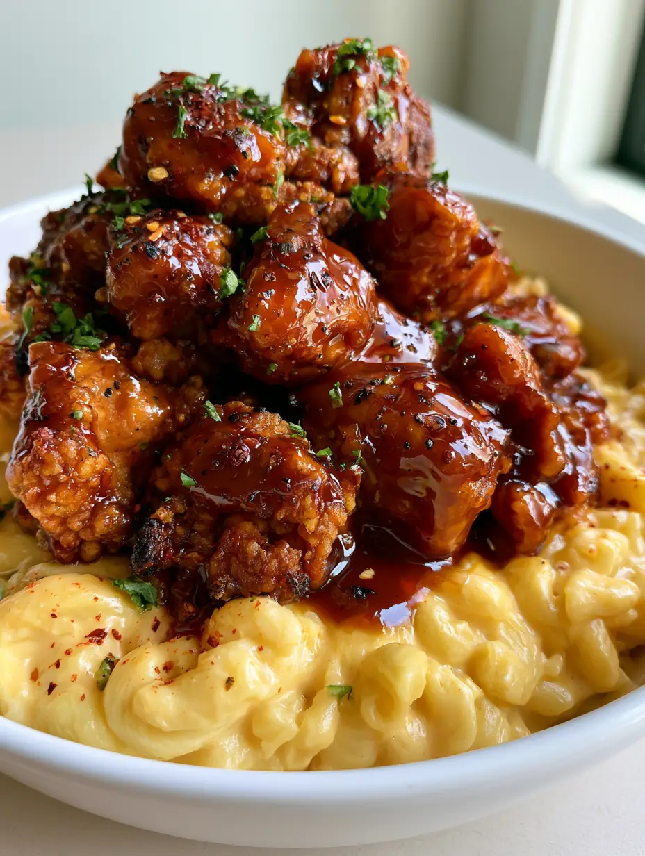Honey Pepper Chicken Mac and Cheese with Crispy Fried Bites 3 Creamy elbow macaroni topped with glossy, charred honey pepper chicken bites in a white bowl. (Honey Pepper Chicken Mac and Cheese)