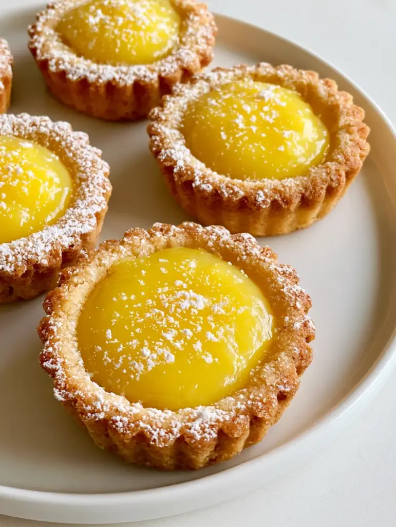 Lemon Bar Cookie Cups with Glossy Lemon Curd 1 Several Lemon Bar Cookie Cups arranged on a minimalist white ceramic plate under natural daylight.