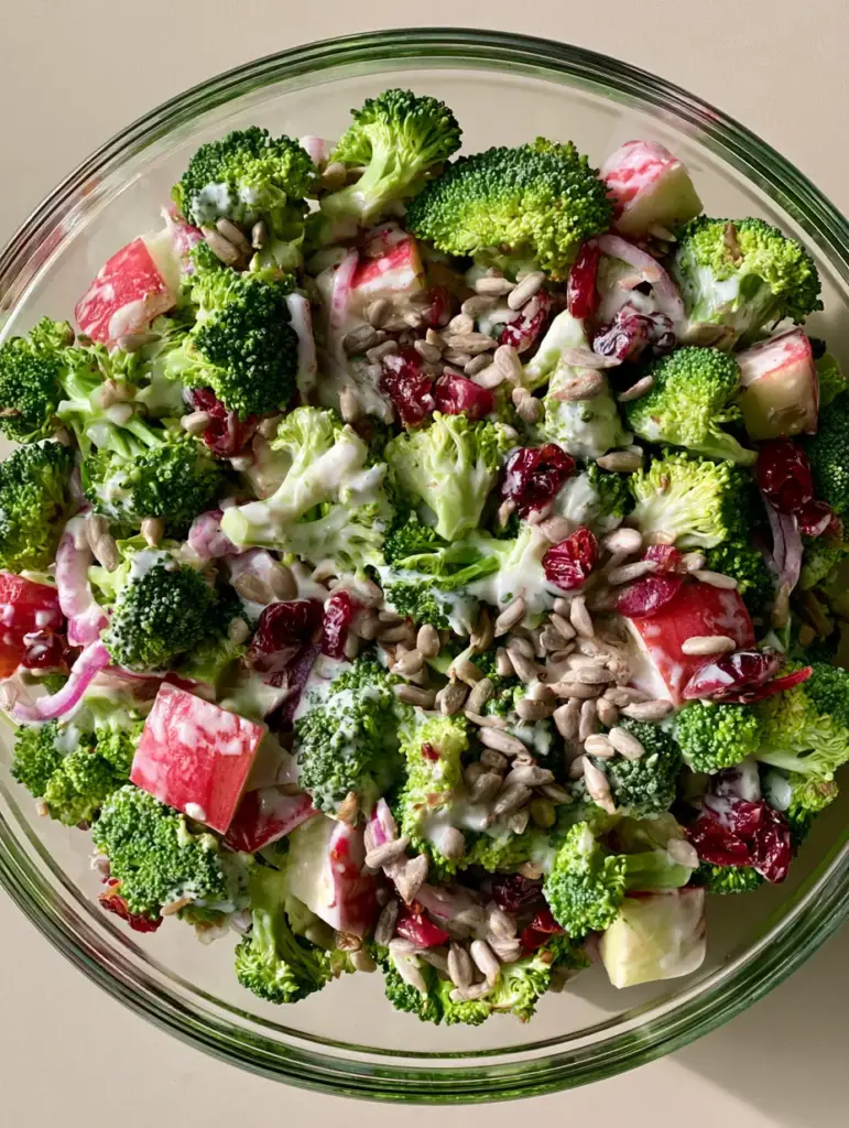 Broccoli Apple Salad in a glass bowl on a neutral surface with soft natural lighting.