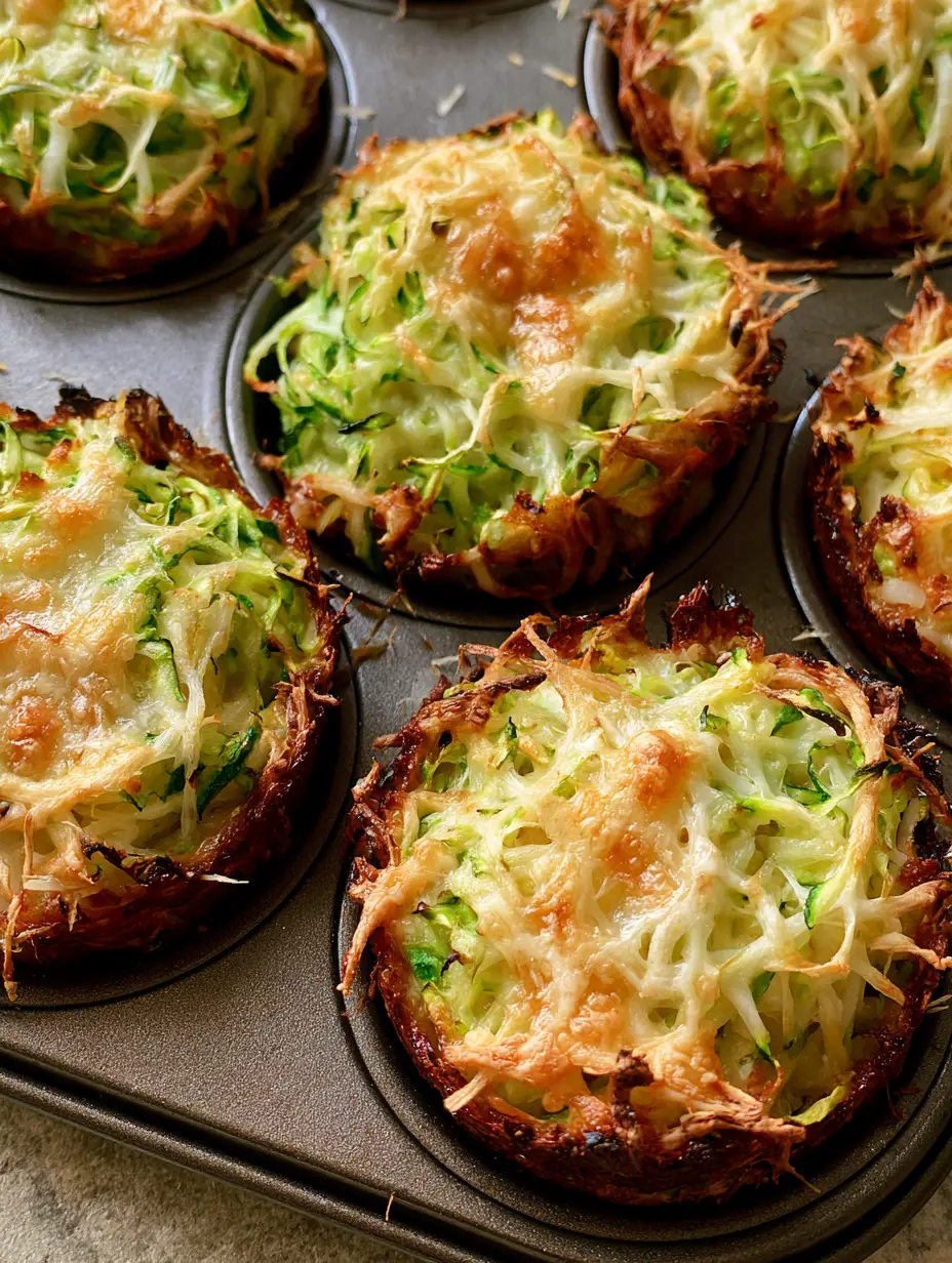 Close-up of shredded zucchini potato muffins with melted bubbly cheese and toasted edges in a muffin tin.