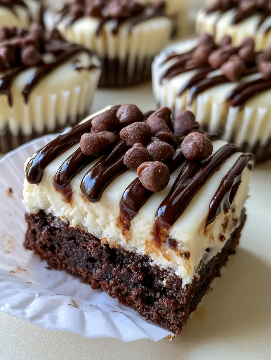 Brownie Bottom Mini Cheesecake Bites with Glossy Ganache 3 Close up of Brownie Bottom Mini Cheesecake Bites in white fluted liners with a glossy chocolate zig-zag drizzle.