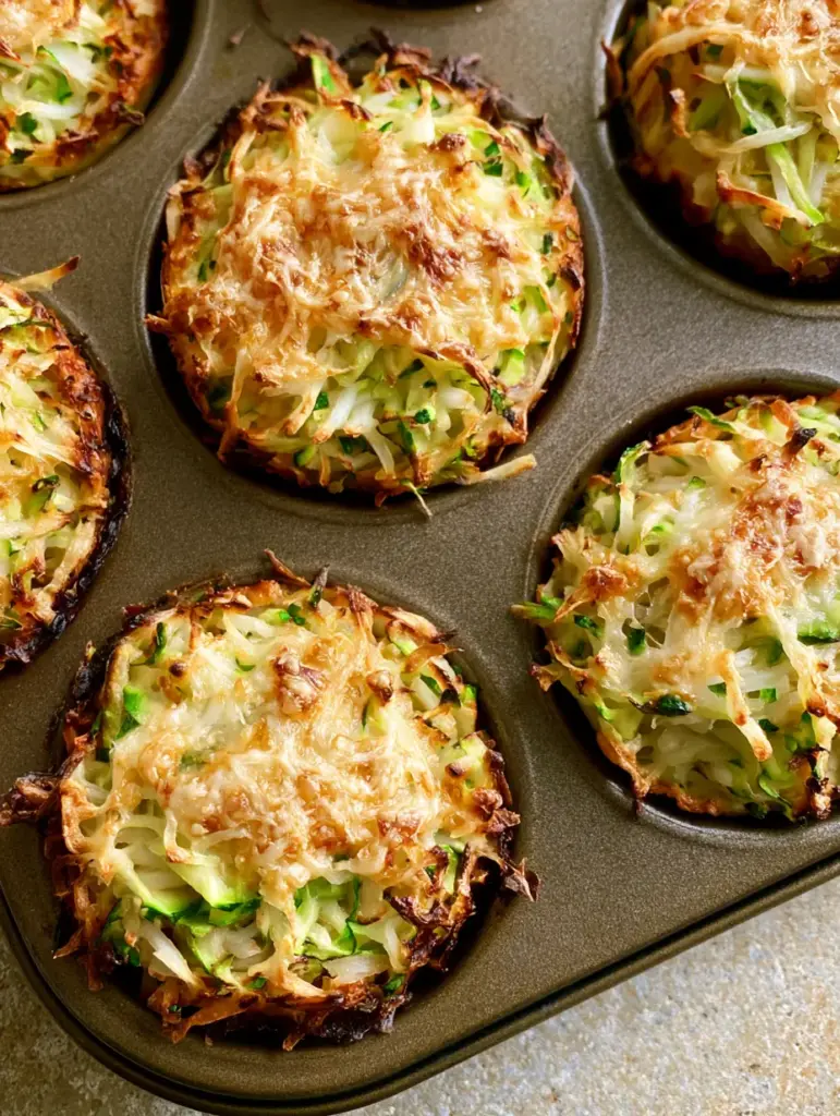 A dark metal muffin tin filled with freshly baked savory muffins showing deep golden-brown edges and a lacy cheese crust.