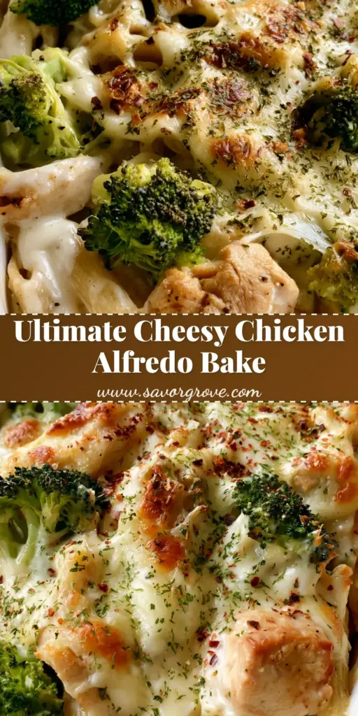 Chicken Alfredo Broccoli Bake with Creamy Parmesan Sauce 4 Top-down view of Chicken Alfredo Broccoli Bake in a white ceramic dish with melted mozzarella, toasted parmesan, and red pepper flake garnish.