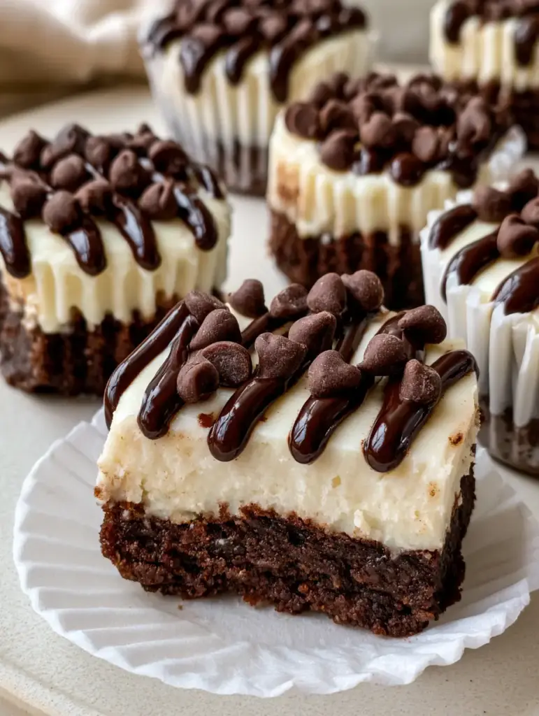 Brownie Bottom Mini Cheesecake Bites with Glossy Ganache 1 Handheld smartphone shot of Brownie Bottom Mini Cheesecake Bites on a neutral surface with side lighting.