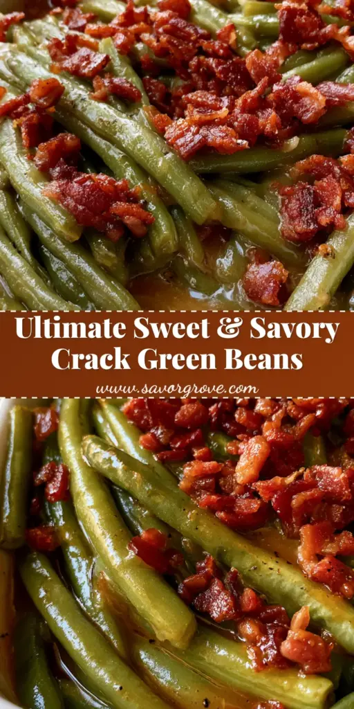 Crack Green Beans With Bacon and Brown Sugar Glaze 4 A white rectangular casserole dish filled with glossy Crack Green Beans coated in brown sugar glaze and topped with crispy bacon bits.
