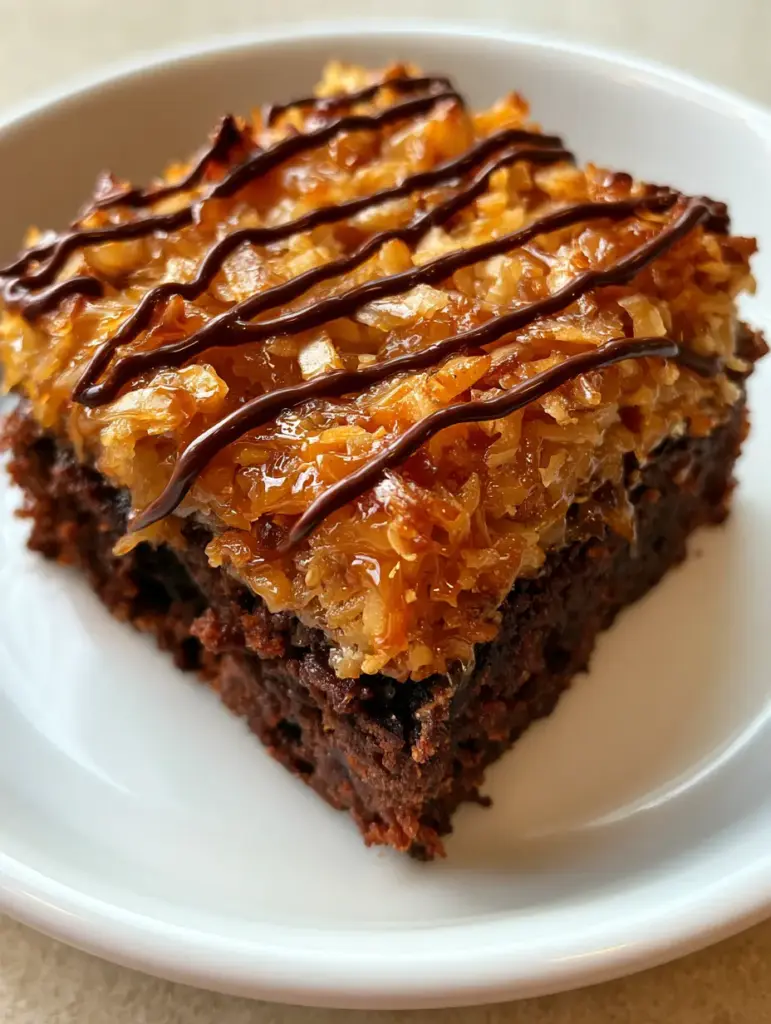 Samoa Brownies Recipe: Fudgy Chocolate and Toasted Coconut Bliss 2 Close-up of a square-cut Samoa Brownie on a white plate showing the fudgy crumb and golden coconut.