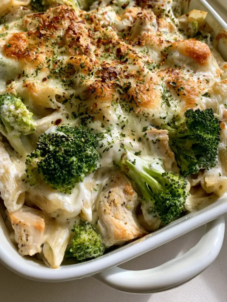 Chicken Alfredo Broccoli Bake with Creamy Parmesan Sauce 2 Close-up of creamy chicken alfredo bake showing glossy sauce and tender broccoli florets.