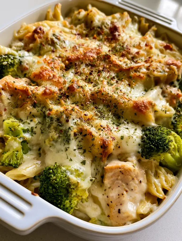 Chicken Alfredo Broccoli Bake with Creamy Parmesan Sauce 1 Overhead shot of cheesy chicken alfredo bake with golden toasted cheese spots and parsley garnish.