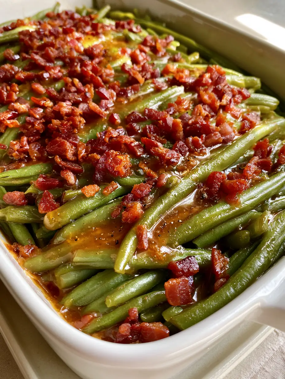 Crack Green Beans With Bacon and Brown Sugar Glaze 3 Overhead view of Crack Green Beans in a white ceramic dish, showing the reflective sheen of the soy sauce reduction glaze. (Crack Green Beans)
