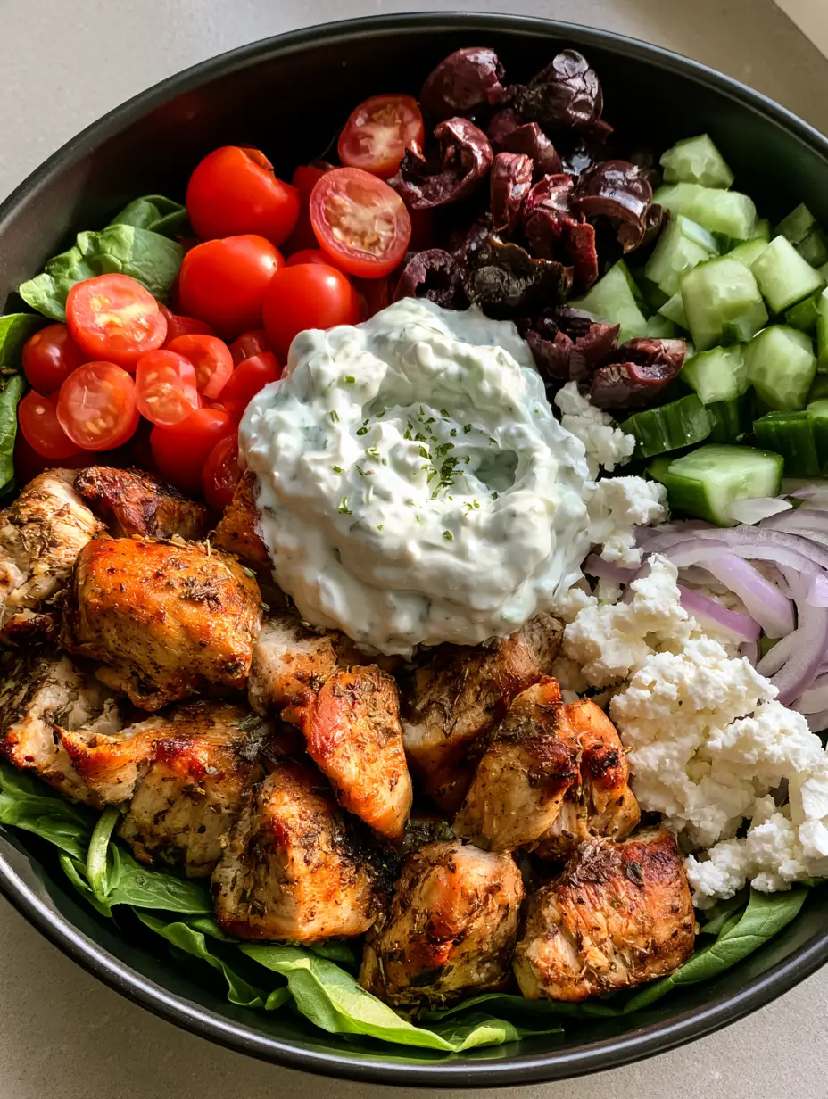 Chicken Gyro Bowls: The Ultimate 20-Minute Mediterranean Meal 4 Close up of seared golden-brown chicken chunks and fresh Mediterranean vegetables in a Chicken Gyro Bowl.