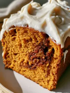 Eye-level shot of moist Cinnamon Roll Pumpkin Bread with a deep golden-orange hue and opaque cream cheese glaze peaks.