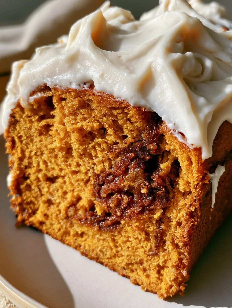 Cinnamon Roll Pumpkin Bread with Thick Cream Cheese Glaze 3 Eye-level shot of moist Cinnamon Roll Pumpkin Bread with a deep golden-orange hue and opaque cream cheese glaze peaks.