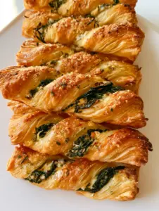 Close up of Spinach and Feta Twists with charred crispy edges and a glossy golden sheen.