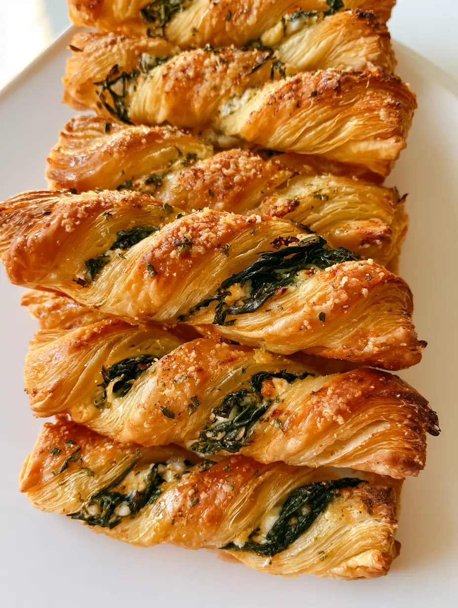 Spinach and Feta Twists: The Flakiest Golden-Brown Appetizer 4 Close up of Spinach and Feta Twists with charred crispy edges and a glossy golden sheen.