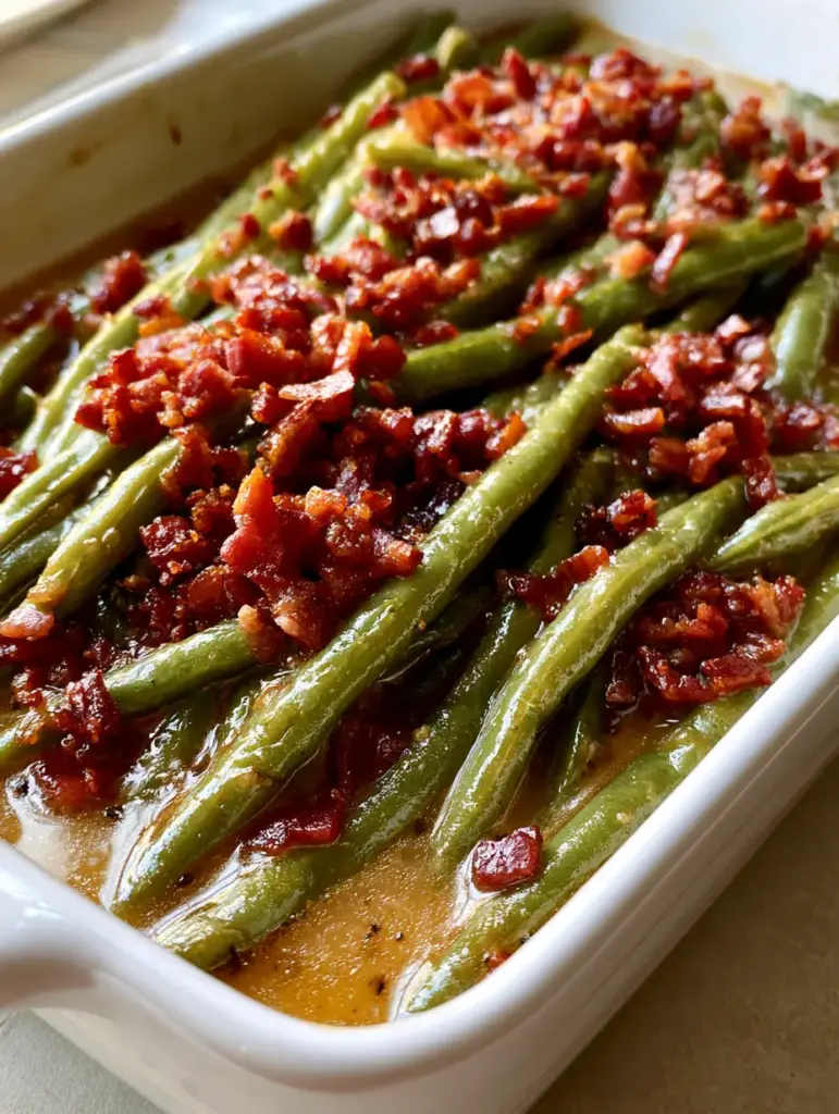 Crack Green Beans With Bacon and Brown Sugar Glaze 1 Close up of crispy bacon bits and cracked black pepper flecks on glossy Crack Green Beans.