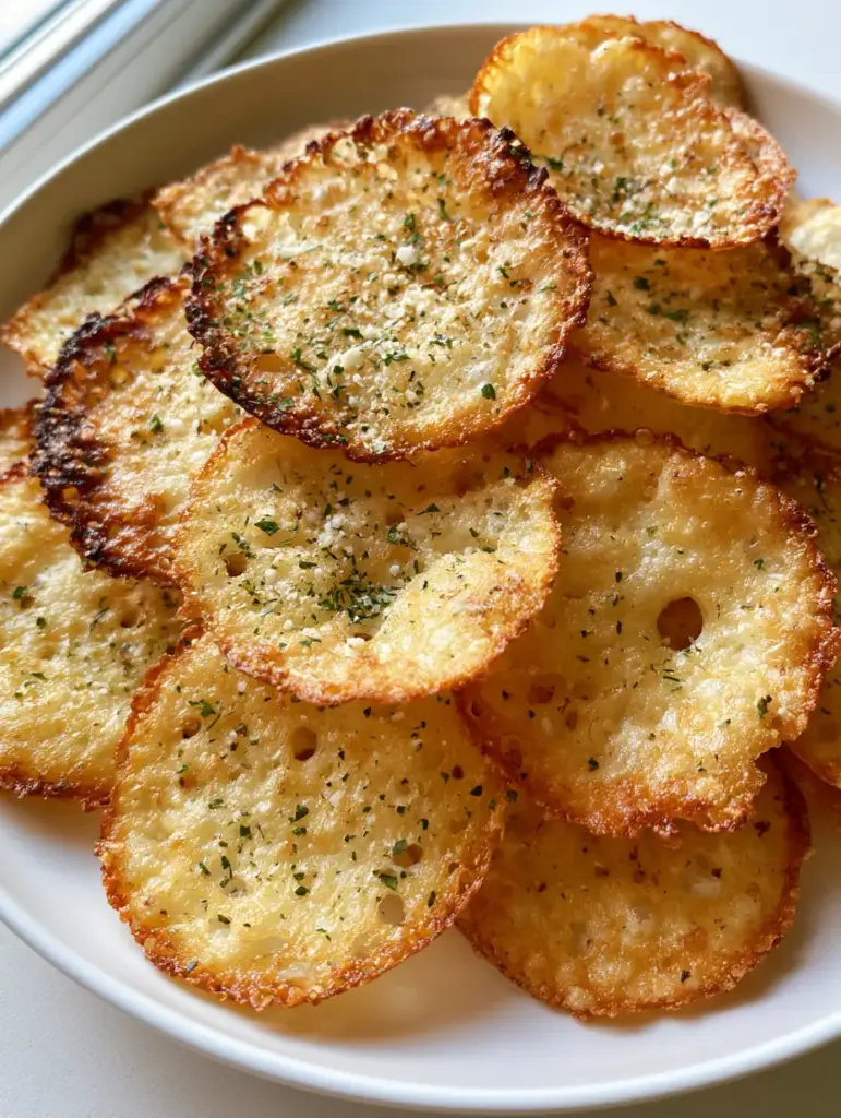 Crispy Cottage Cheese Chips: The Ultimate High-Protein Lacy Snack 1 Circular baked cottage cheese chips with garlic powder and green herb flakes on a white ceramic plate.