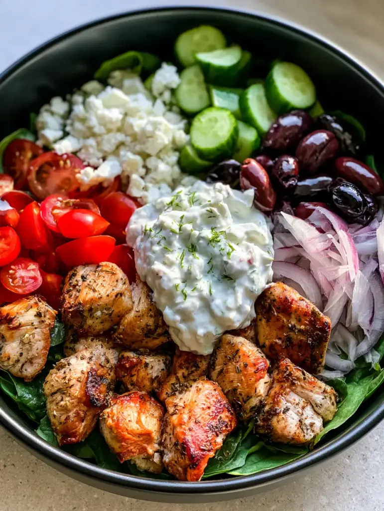 Chicken Gyro Bowls: The Ultimate 20-Minute Mediterranean Meal 1 Top down view of a Mediterranean chicken bowl featuring tzatziki, feta, and kalamata olives. (Chicken Gyro Bowls)