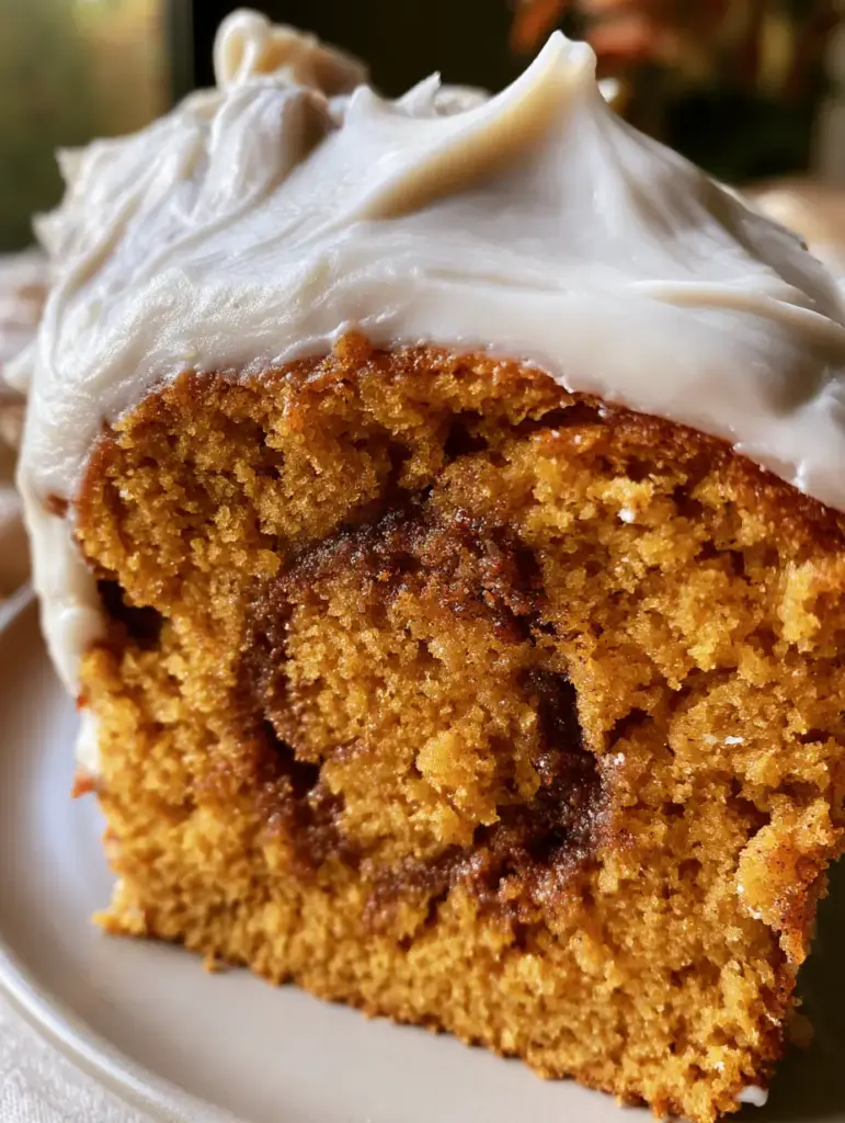 Cinnamon Roll Pumpkin Bread with Thick Cream Cheese Glaze 1 Close-up of the dark brown cinnamon-sugar swirl concentrated in the center of the Cinnamon Roll Pumpkin Bread slice.