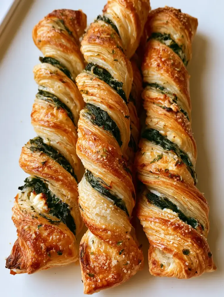 Spinach and Feta Twists: The Flakiest Golden-Brown Appetizer 1 A stack of Spinach and Feta Twists on a white background, lightly dusted with parmesan and dried herbs.