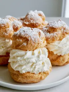 Close-up of golden-brown choux shells revealing stiff white whipped cream peaks and a dusting of powdered sugar. (Homemade Cream Puffs)