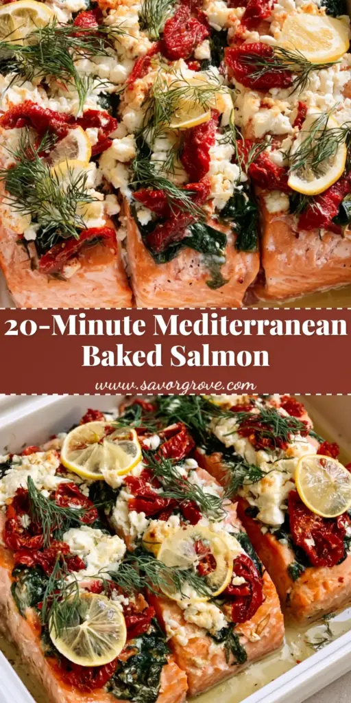 A close-up shot of Mediterranean Baked Salmon in a white ceramic dish, topped with wilted spinach, crumbled feta, and sun-dried tomatoes.
