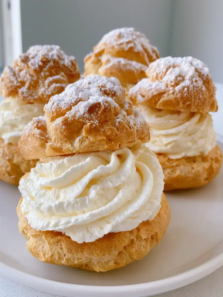 Several homemade cream puffs arranged on a white ceramic plate with a neutral grey background.
