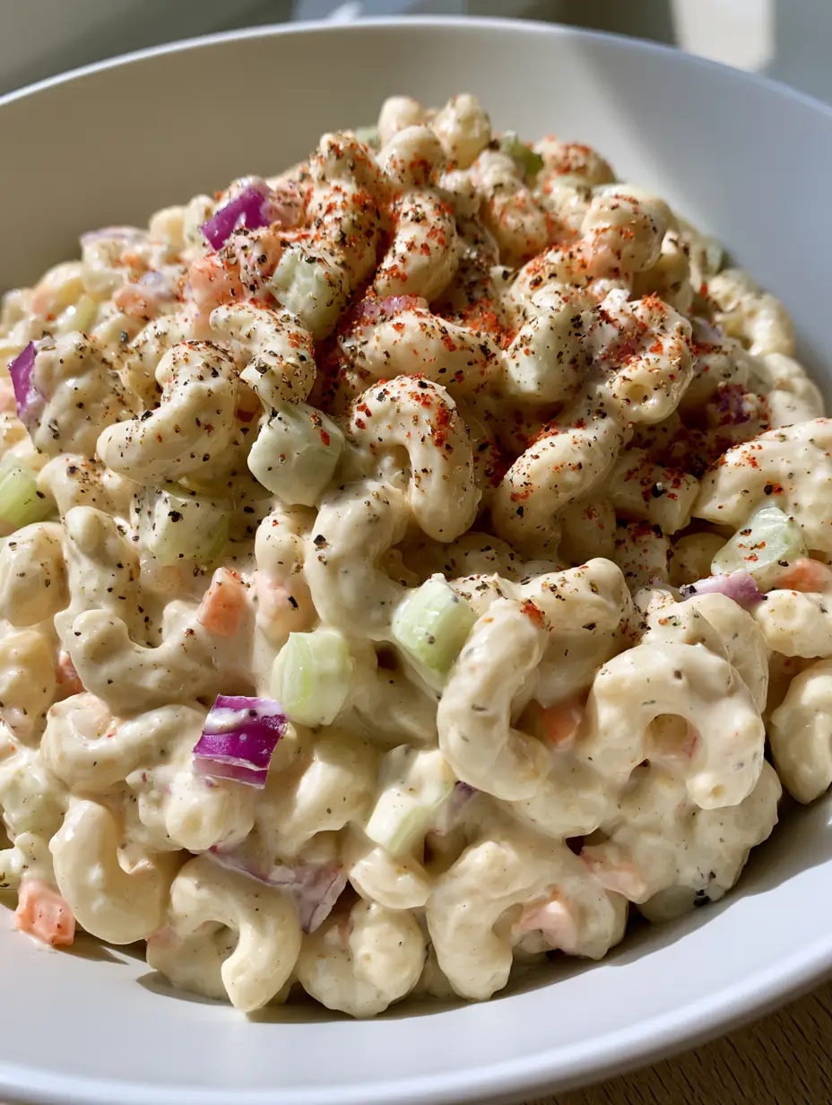 A large white bowl of creamy Macaroni Salad showing uniform dices of celery and purple onions under natural daylight.