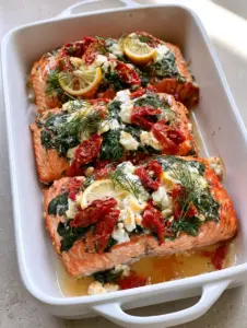 Three thick fillets of Mediterranean Baked Salmon garnished with fresh dill and lemon slices in a white baking dish.