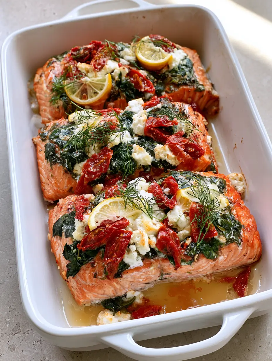 Three thick fillets of Mediterranean Baked Salmon garnished with fresh dill and lemon slices in a white baking dish.