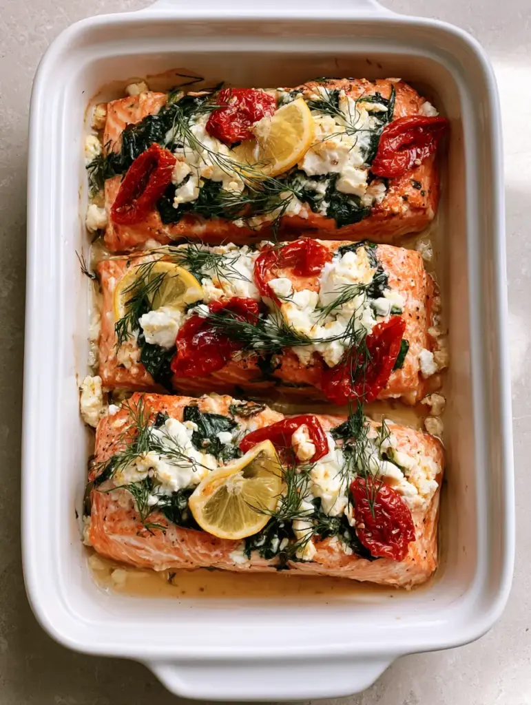 Detailed view of the flaky texture of Mediterranean Baked Salmon with olive oil juices at the bottom of a ceramic pan.