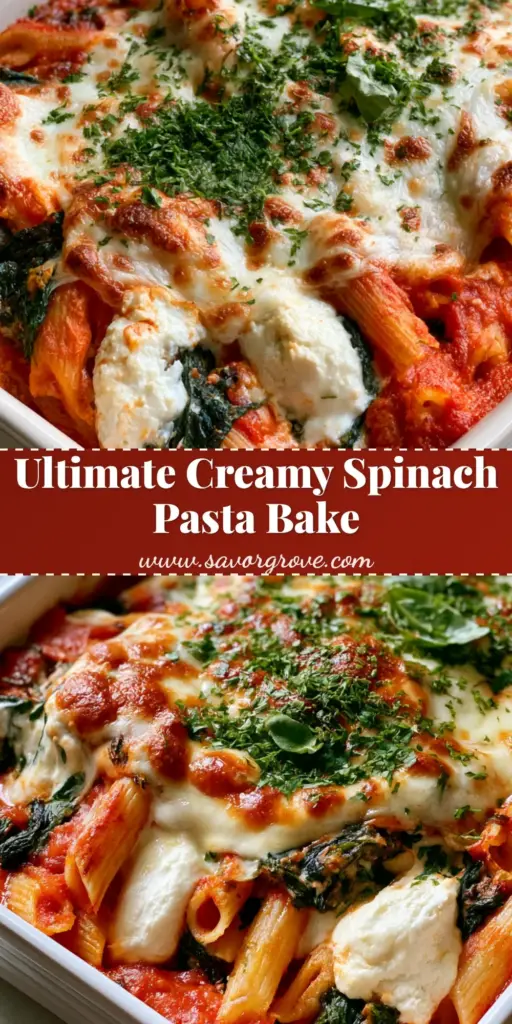 Spinach & Ricotta Pasta Bake: The Ultimate Cheesy Comfort Food 3 A close-up of a Spinach & Ricotta Pasta Bake in a white dish, featuring bubbly golden-brown mozzarella, dollops of ricotta, and fresh basil.