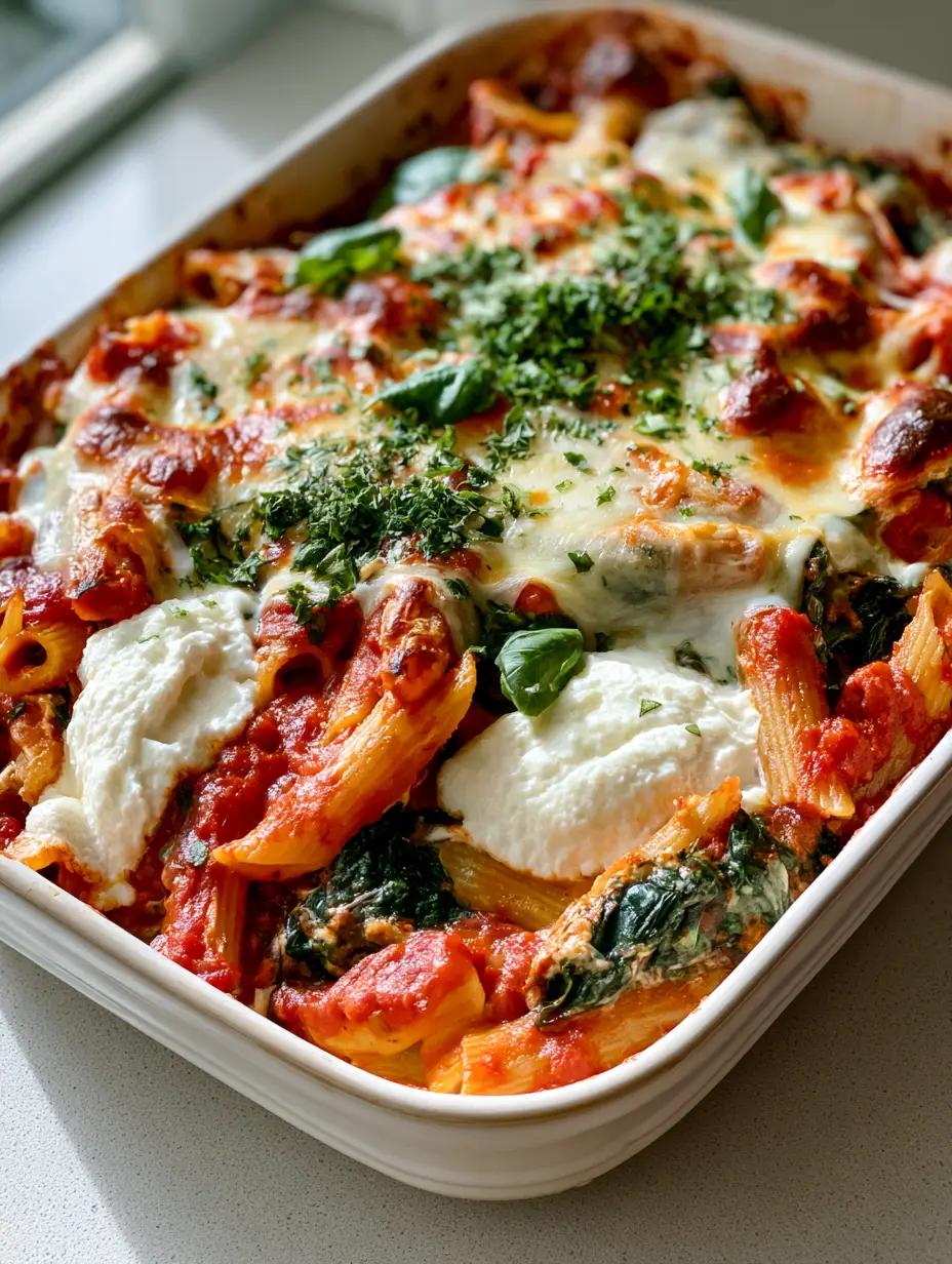 Spinach & Ricotta Pasta Bake: The Ultimate Cheesy Comfort Food 4 A smartphone photo of Spinach & Ricotta Pasta Bake showing al dente penne coated in thick red marinara and wilted spinach.