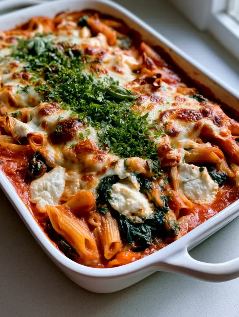 Spinach & Ricotta Pasta Bake: The Ultimate Cheesy Comfort Food 1 Detailed view of the Spinach & Ricotta Pasta Bake with golden-brown cheese and fresh parsley garnish.