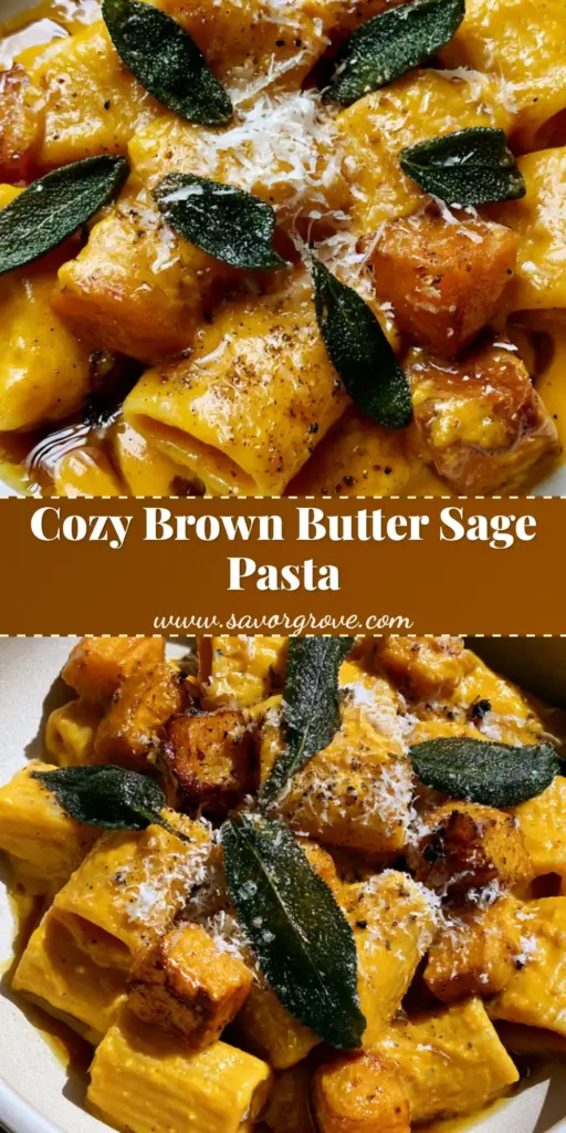 Butternut Squash Pasta with Brown Butter and Crispy Sage 3 A close-up shot of Butternut Squash Pasta featuring rigatoni in a vibrant orange sauce topped with crispy sage and brown butter.
