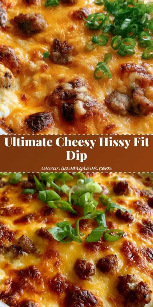 Hissy Fit Dip: The Ultimate Bubbly Southern Sausage Appetizer 3 A white ceramic baking dish overflowing with bubbly Hissy Fit Dip, featuring melted cheddar cheese, browned pork sausage crumbles, and fresh green scallions.