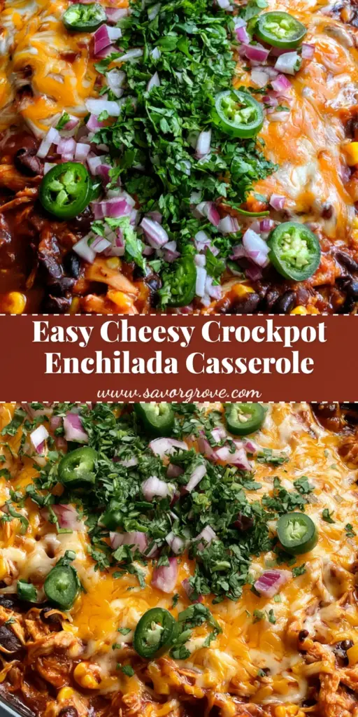 Crockpot Chicken Enchilada Casserole: The Ultimate Cheesy Slow Cooker Dinner 4 A top-down smartphone photo of a Crockpot Chicken Enchilada Casserole in a black oval slow cooker, topped with bubbling orange and white cheese, fresh cilantro, red onions, and jalapeños.