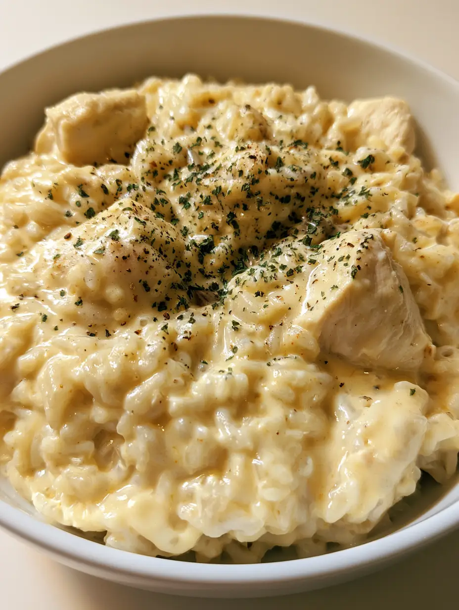 Angel Chicken and Rice: The Creamiest Golden One-Bowl Dinner 4 Close up of Angel Chicken and Rice highlighting the moist jasmine rice and velvety cream sauce texture with cracked black pepper.