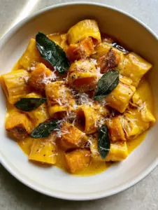 Handheld photo of a ceramic bowl filled with Butternut Squash Pasta coated in velvety orange sauce and caramelized squash cubes.