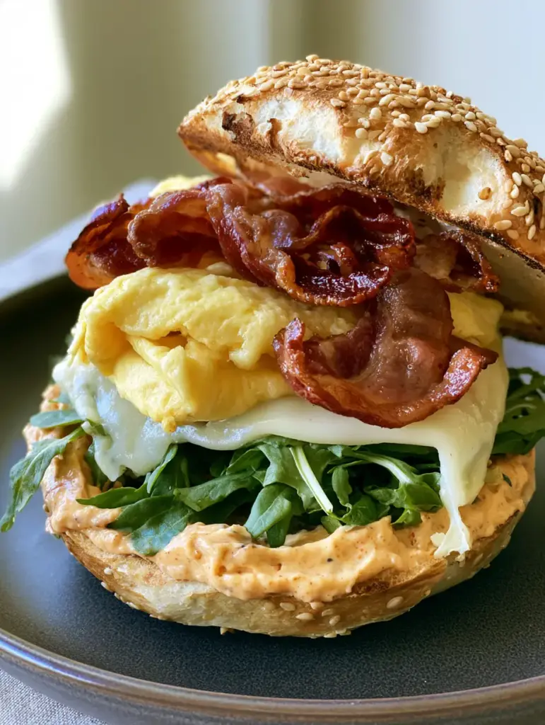 Close up shot of a thick folded egg and melted white cheese on a sesame bagel. (Chipotle Breakfast Sandwich)