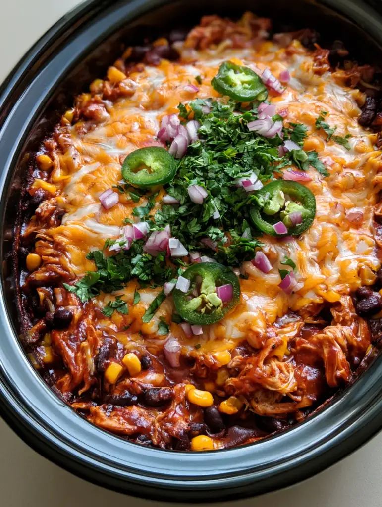 Crockpot Chicken Enchilada Casserole: The Ultimate Cheesy Slow Cooker Dinner 2 Close-up of shredded chicken breast coated in glossy red enchilada sauce with corn and beans. (Crockpot Chicken Enchilada Casserole)