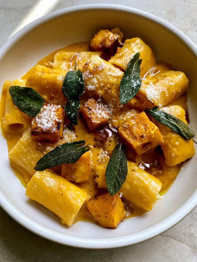 Butternut Squash Pasta with Brown Butter and Crispy Sage 1 Detailed view of Butternut Squash Pasta showing the texture of roasted squash cubes and finely grated parmesan cheese.