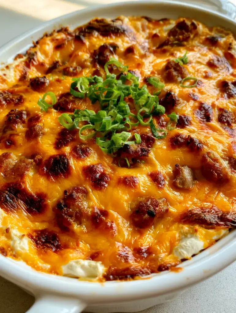 Handheld smartphone shot of Hissy Fit Dip showing the gooey texture of melted cheese and browned sausage crumbles. (Hissy Fit Dip)