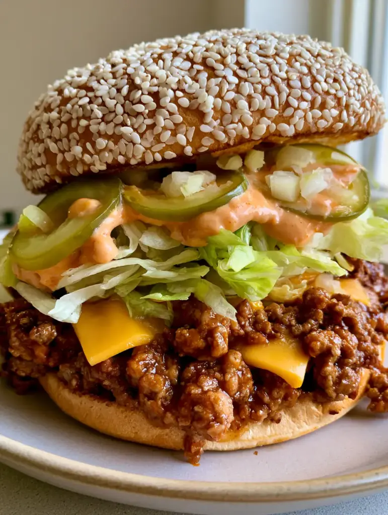 A smartphone photo of a Big Mac Sloppy Joe sandwich showing layers of meat, cheese, and lettuce. (Big Mac Sloppy Joes)