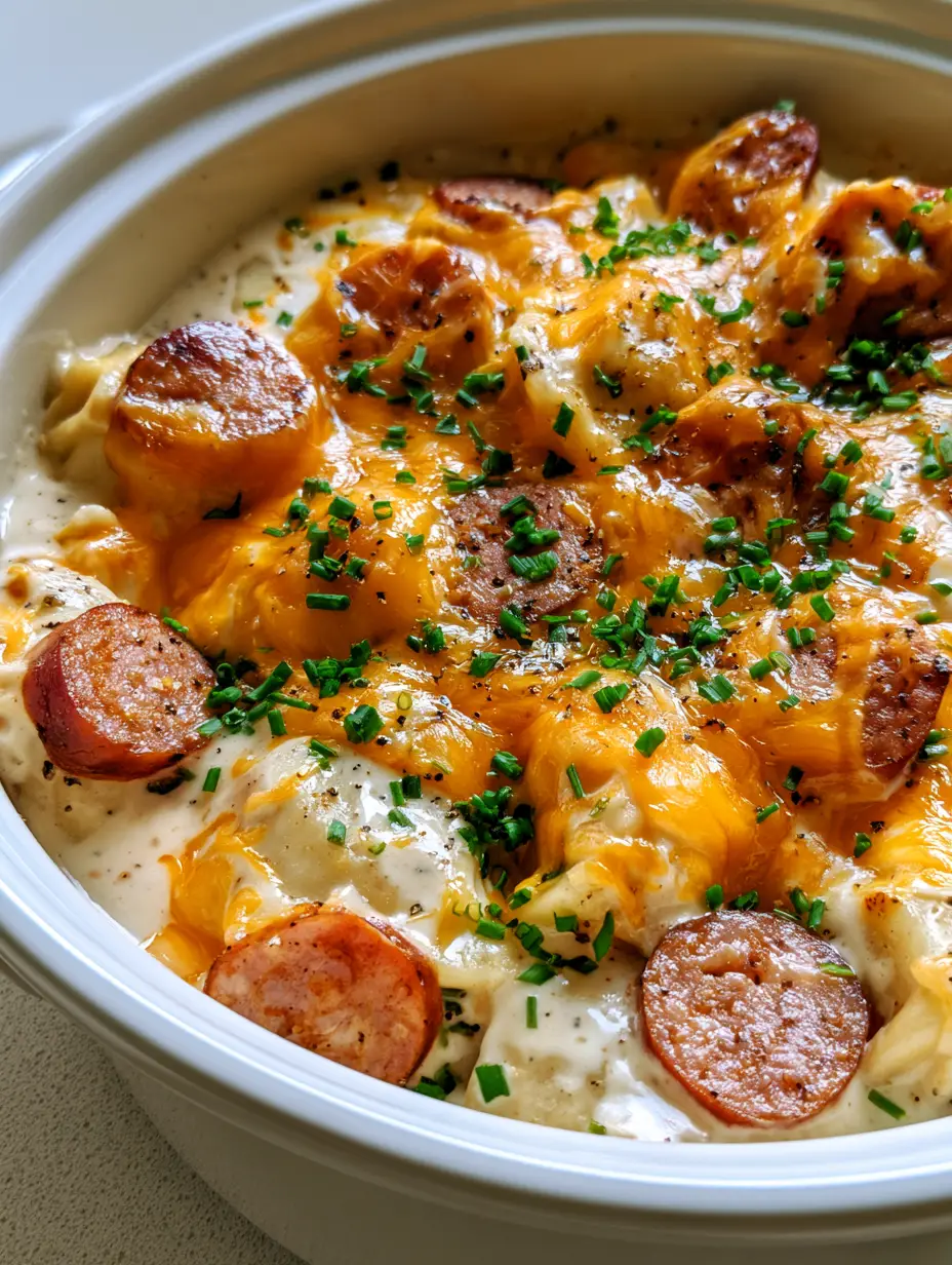 Crockpot Pierogi Casserole with Seared Kielbasa and Bubbly Cheddar 3 A close-up handheld smartphone photo showing the thick glossy white sauce and plump pierogies in the Crockpot Pierogi Casserole.