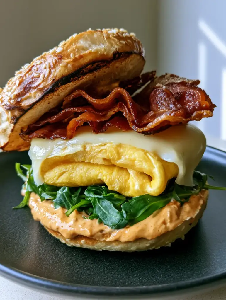 Chipotle Breakfast Sandwich: The Ultimate Bagel Egg & Bacon Recipe 1 Chipotle Breakfast Sandwich showing the orange chipotle sauce and fresh arugula layers.