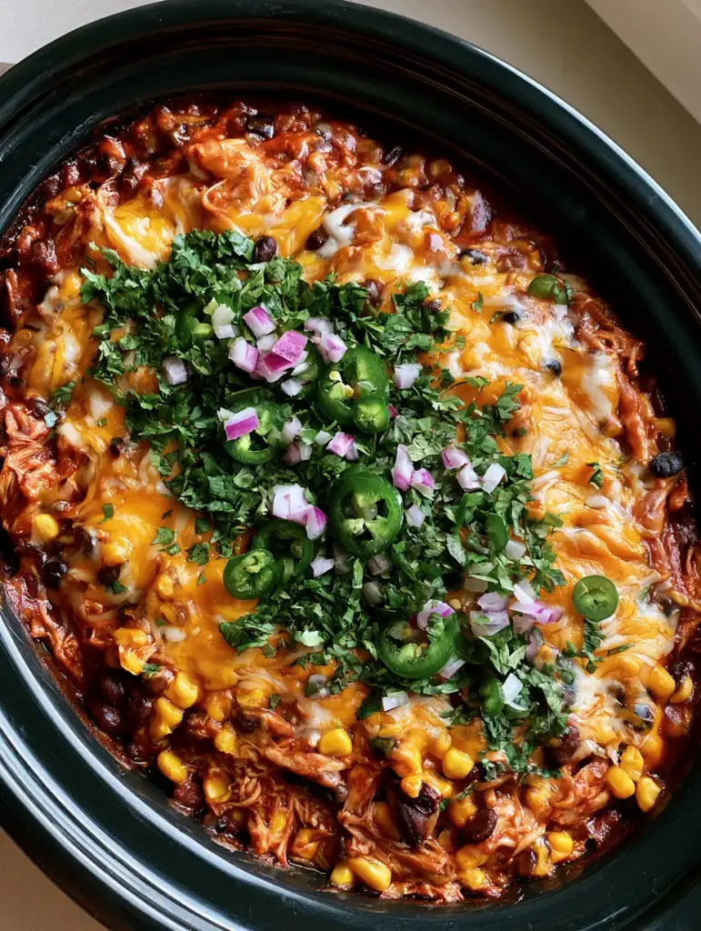 Crockpot Chicken Enchilada Casserole: The Ultimate Cheesy Slow Cooker Dinner 1 Overhead view of a slow cooker ceramic bowl filled with chicken enchilada casserole and melted cheese.