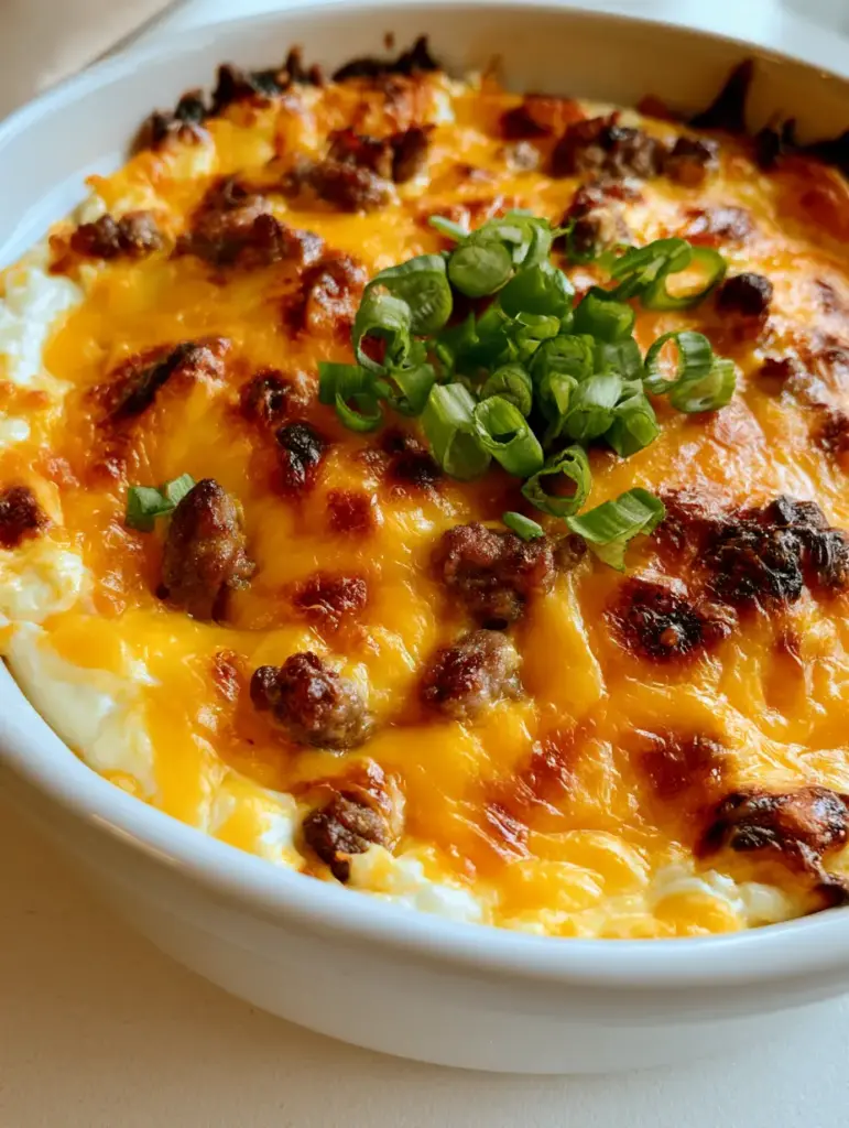 Hissy Fit Dip: The Ultimate Bubbly Southern Sausage Appetizer 1 Hissy Fit Dip in a white ceramic dish, highlighting the charred edges and fresh scallion garnish against a light tabletop.