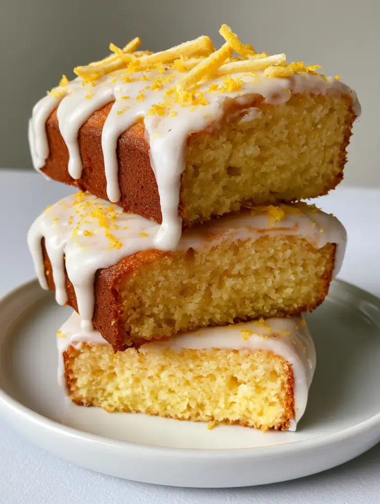 Close up of a dense lemon loaf cake slice showing the pale yellow moist interior crumb. (Lemon Loaf Recipe)