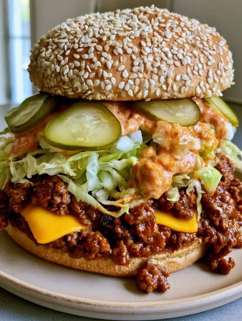 Big Mac Sloppy Joes: The Ultimate 30-Minute Cheeseburger Mashup 1 Top view of the Big Mac Sloppy Joes showing the heavily seeded toasted bun and drizzled secret sauce.