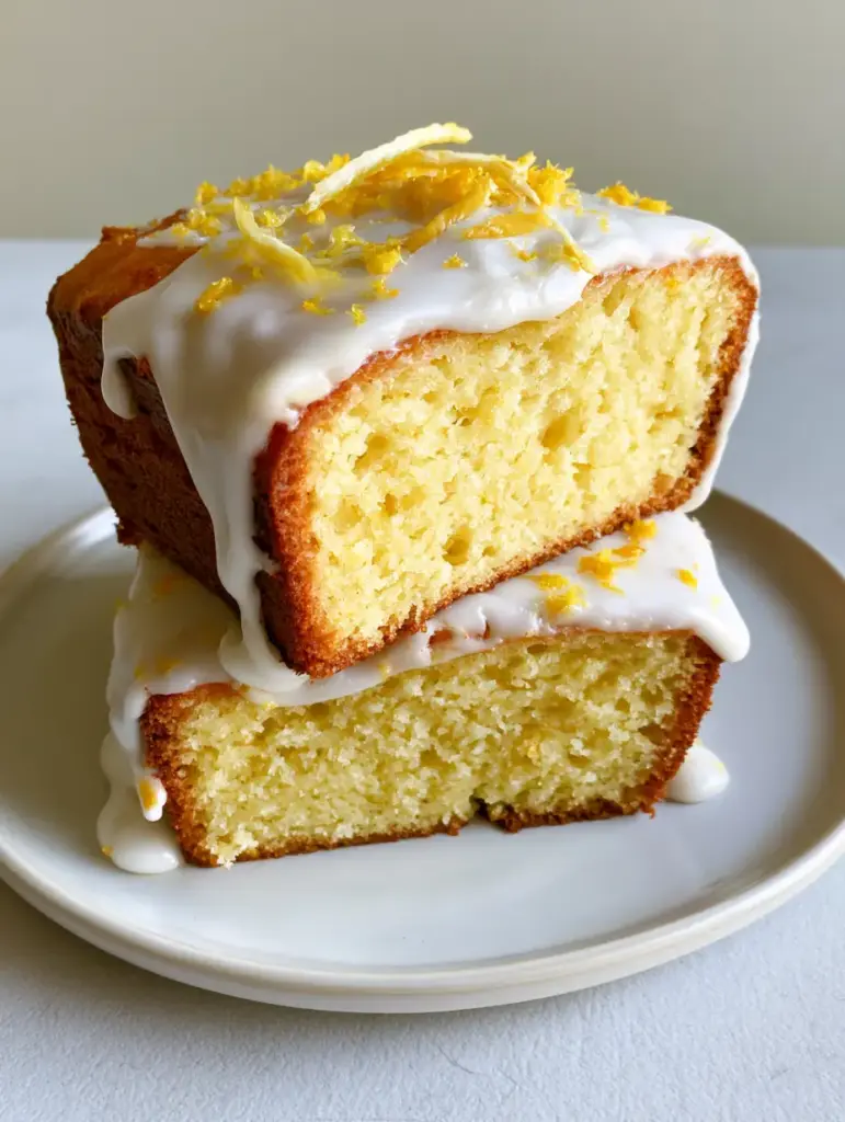 Slices of lemon loaf on a white plate with thick white sugar icing dripping down the sides.